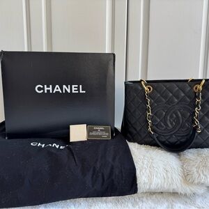 CHANEL- GRAND SHOPPING TOTE- Black Quilted Shoulder Bag with Gold Accents